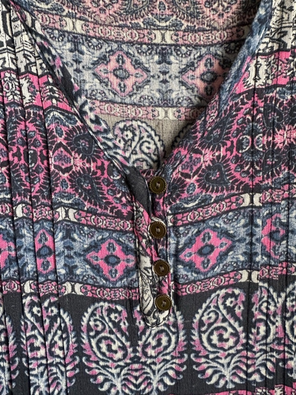 Catherines Navy Pink White Patterned Lace-Trim V-Neck Blouse - Picture 2 of 6